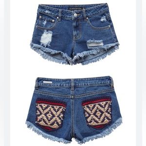 P.S. Erin Wasson Frayed Hem Distressed Jean Shorts, Boho Knit Pockets, Size 26